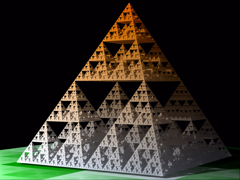 3D Sierpinski pyramid — a tetrahedral fractal, where each tetrahedron is made of four smaller tetrahedra, repeating recursively.