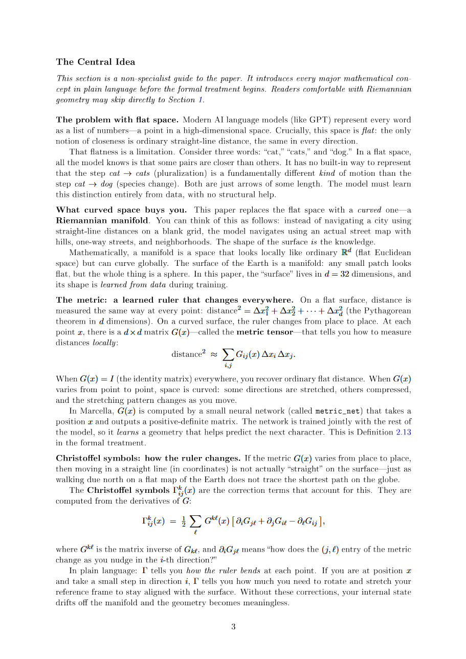 Paper page 1: metric tensor and Christoffel symbols explained