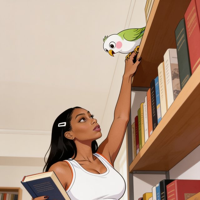 Bee reaching for a book with Bird perched on the shelf