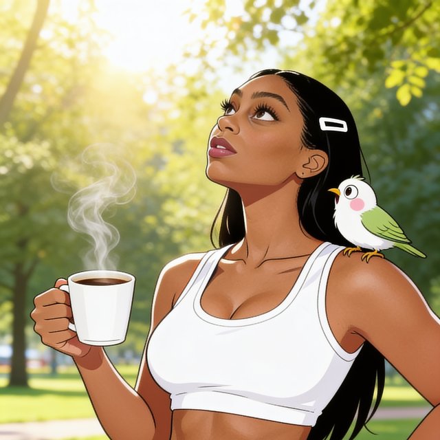 Bee holding a cup of coffee in the park with Bird on her shoulder