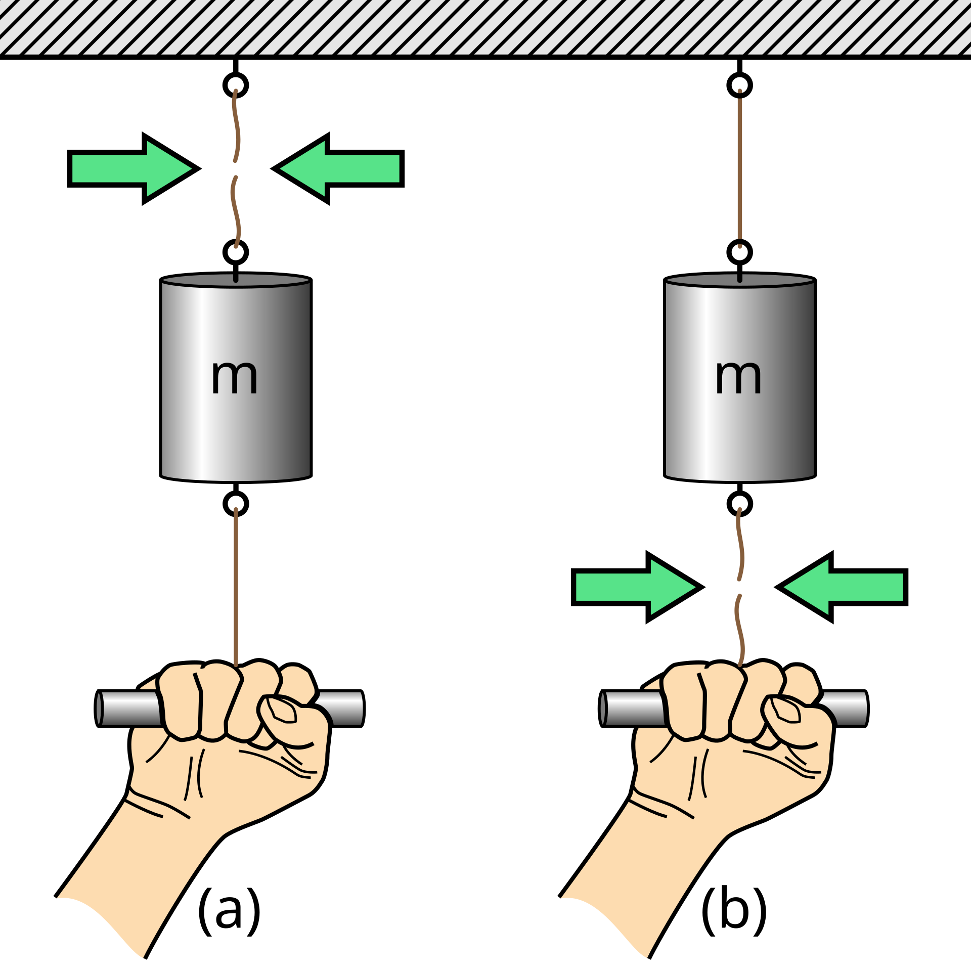 Two-thread inertia experiment: pull slow, upper breaks; pull fast, lower breaks.
