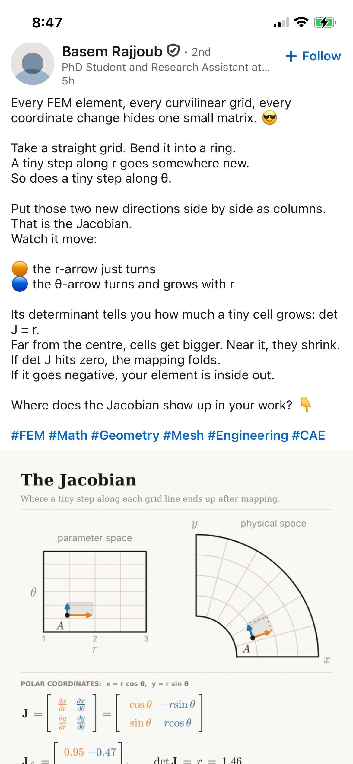 Screenshot of Basem Rajjoub’s LinkedIn explanation of the polar-coordinate Jacobian, including his illustrated rectangular and curved grids.