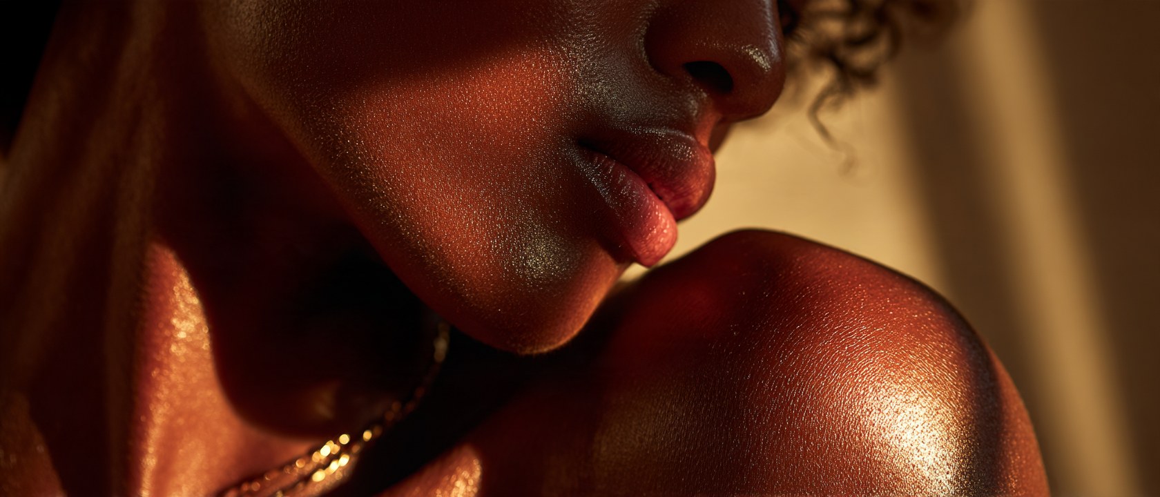 Close-up of a jaw and shoulder in warm low light, deep brown skin, a bright specular highlight running the length of the shoulder.