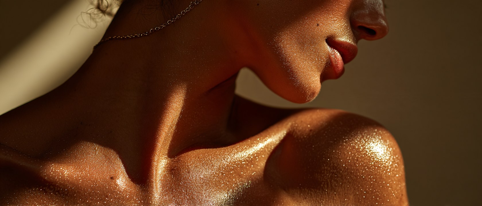 Close-up of a collarbone and jaw in raking light, mid-brown skin with a fine silver chain, highlight catching across the shoulder.