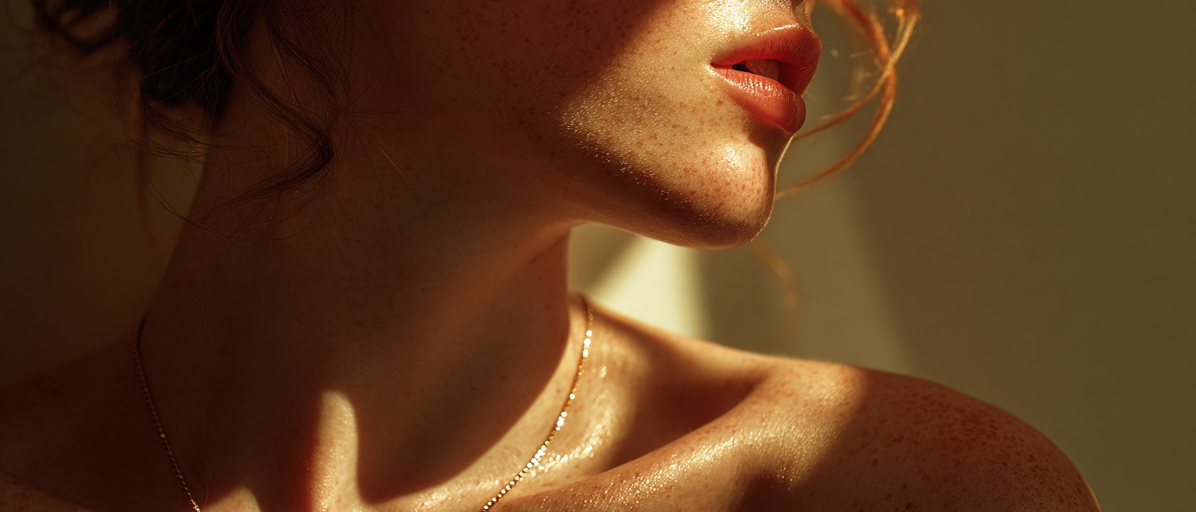 Close-up of a neck and shoulder in warm daylight, light freckled skin with a thin gold chain, a soft shaft of light behind.