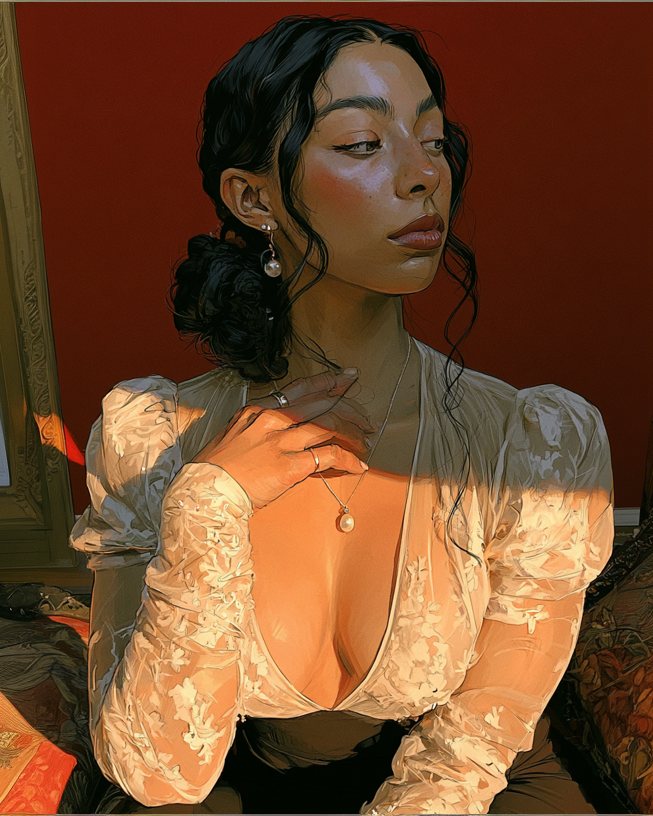 Portrait of a Black woman with her textured hair pinned up, seated in a warm red and gold room.