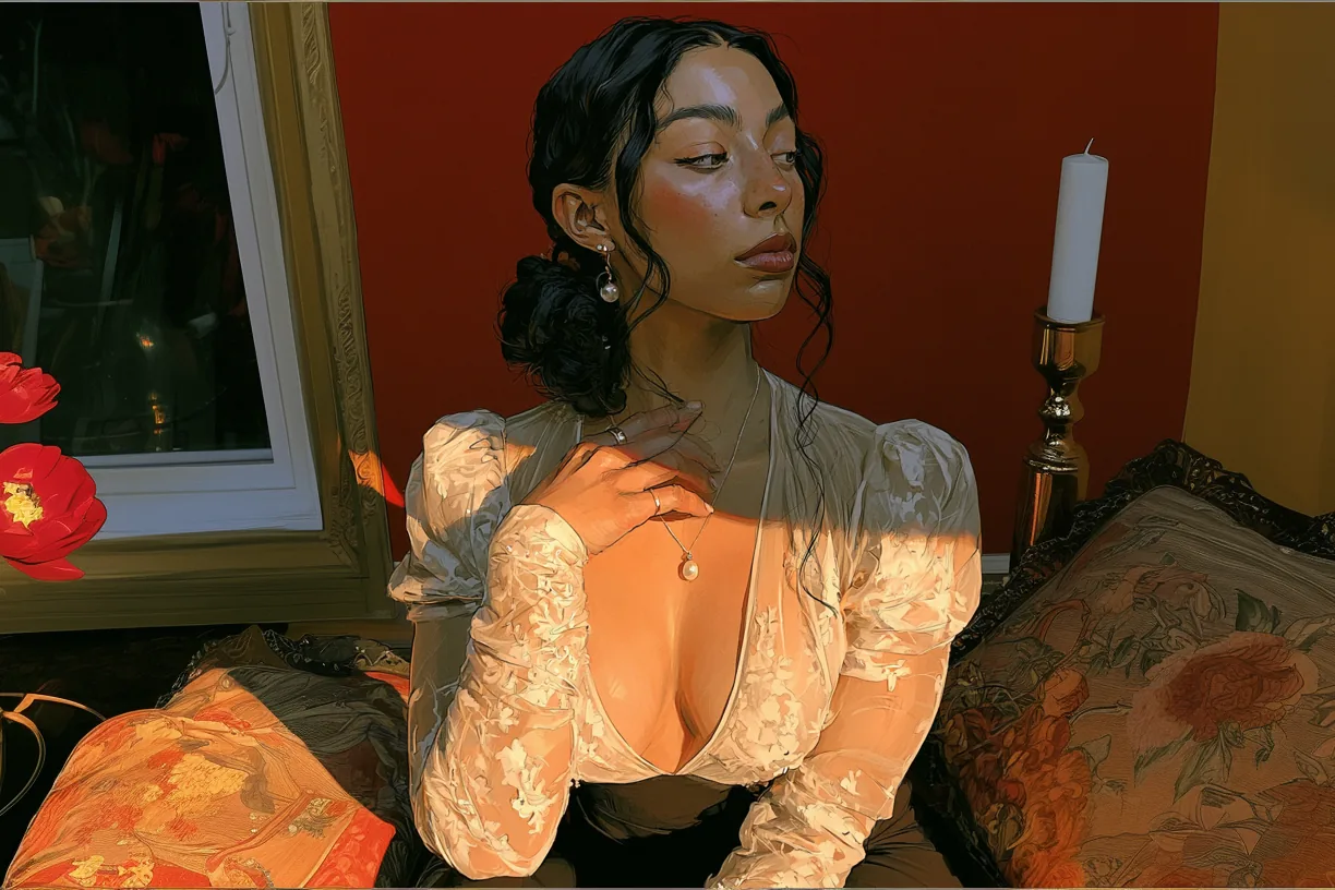 Portrait of a Black woman with her textured hair pinned up, seated in a warm red and gold room.